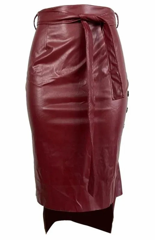 Belted Leather Pencil Midi Skirt with Slit
