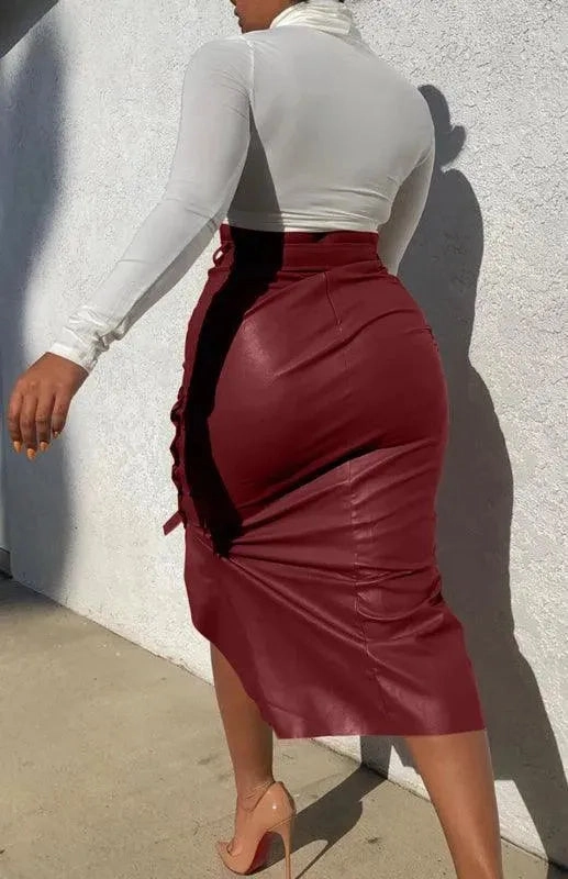 Belted Leather Pencil Midi Skirt with Slit