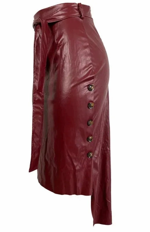 Belted Leather Pencil Midi Skirt with Slit