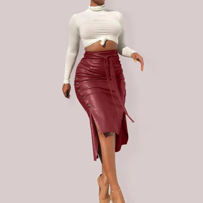  Belted Leather Pencil Midi Skirt with Slit
