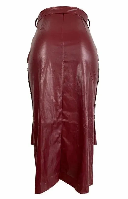 Belted Leather Pencil Midi Skirt with Slit