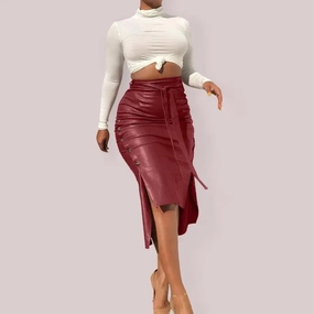 Belted Leather Pencil Midi Skirt with Slit 