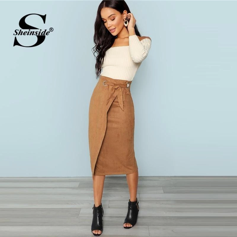 Brown Tie Waist Bodycon Zip Back Mid-Calf Wrap Knot Back Split Pencil Midi Skirt