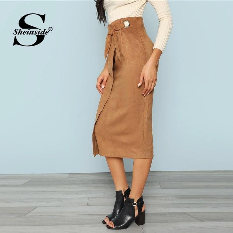 Brown Tie Waist Bodycon Zip Back Mid-Calf Wrap Knot Back Split Pencil Midi Skirt
