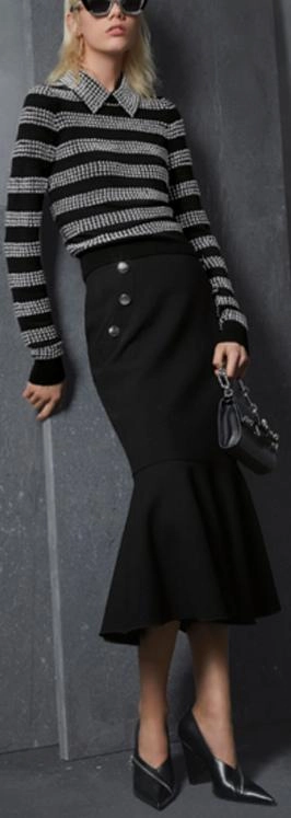  Knit Dot-Striped Sweater & Flared Pencil Skirt Set