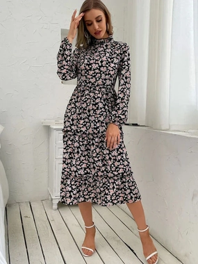 A-Line Midi Dress with High-Neck and Pleated Details Flutter Sleeve Faux Wrap Midi Dress