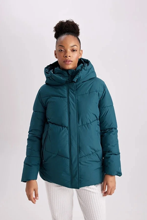 Defacto Women's Fit Regular Fit Hooded Fleece Lined Puffer Inflatable Waterproof Coats Puff Coats