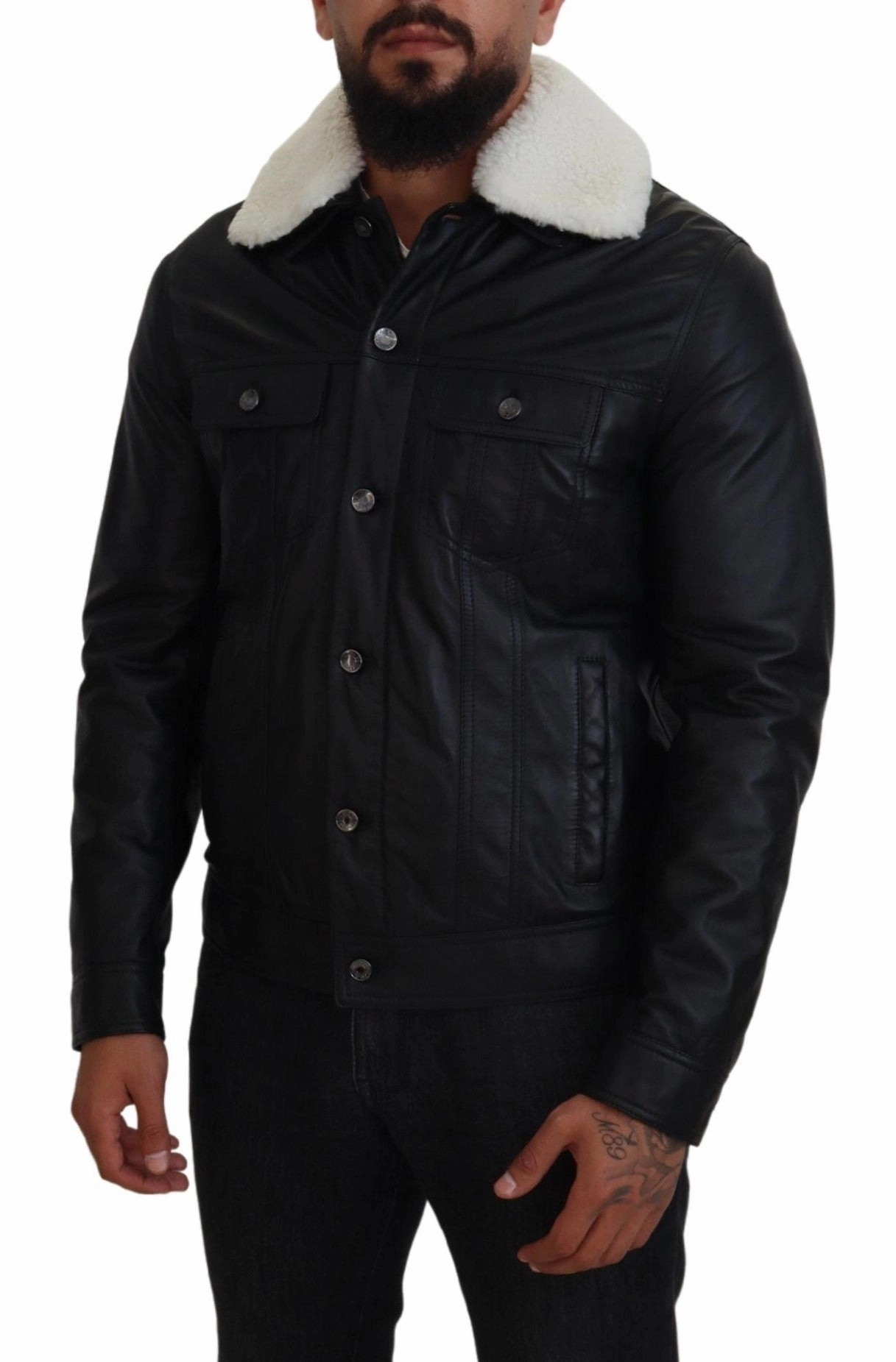 Coats Insulated Black Lamb Leather Collared Men Coat Jacket