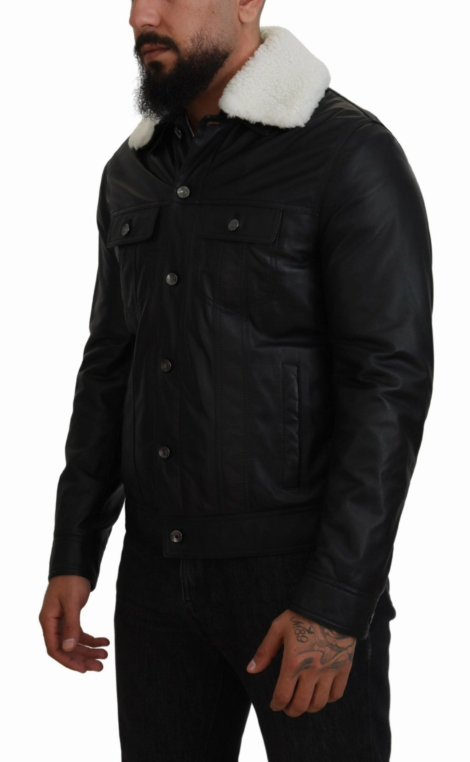 Black Lamb Leather Collared Men Coat Jacket Clearance Sport Coats