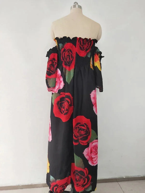 Maxi Dress With Rosette Fit-and-Flare Maxi Dress with Off-Shoulder and Ruffle Details
