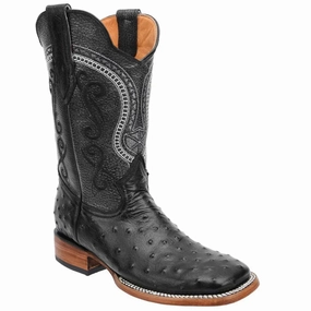 Men's Ostrich Print Leather Square Toe Boots - Black Igg Boots