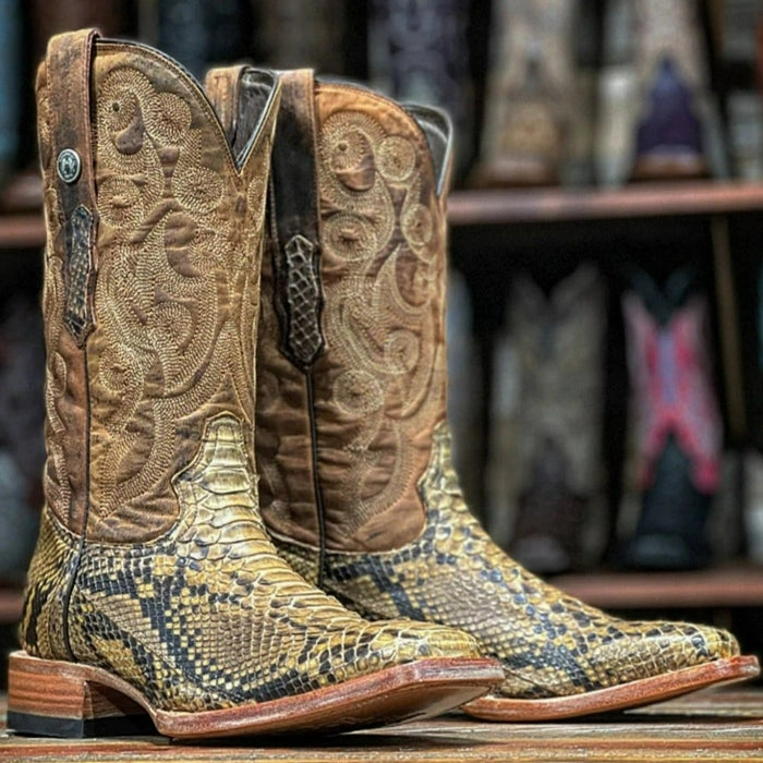 Snake Skin Boots Men's Genuine Python Square Toe Boots Antique Saddle