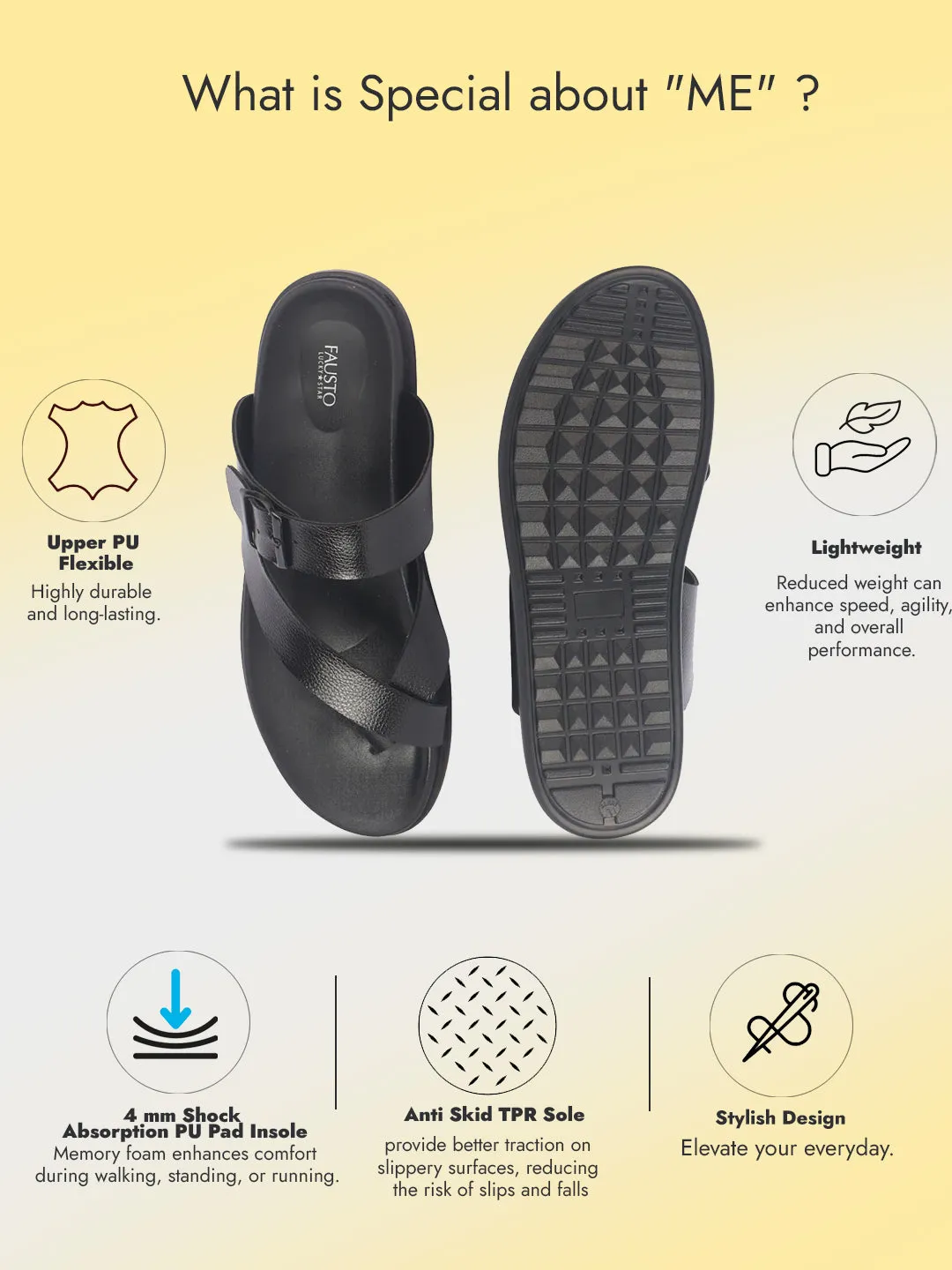 Men Black Toe Ring Kolhapuri Adjustable Strap Slip On Outdoor Slippers|Anti Skid Sole Sandals|PU PAD Insole Comfiest Sandals For Walking