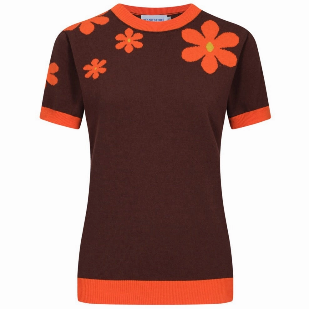 Knitwear Skirt And Top Set Women Orange Flowers Short Sleeves Brown Knitwear