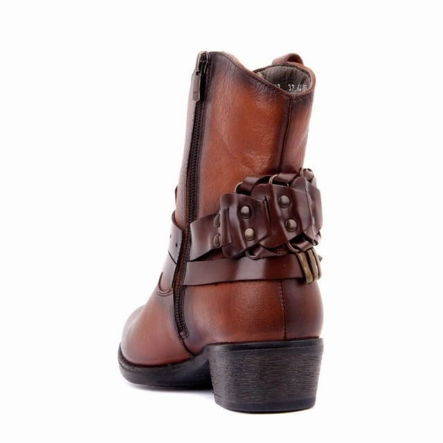 Genuine Leather Western Winter Boots Fit Strap Decor Ankle Boots
