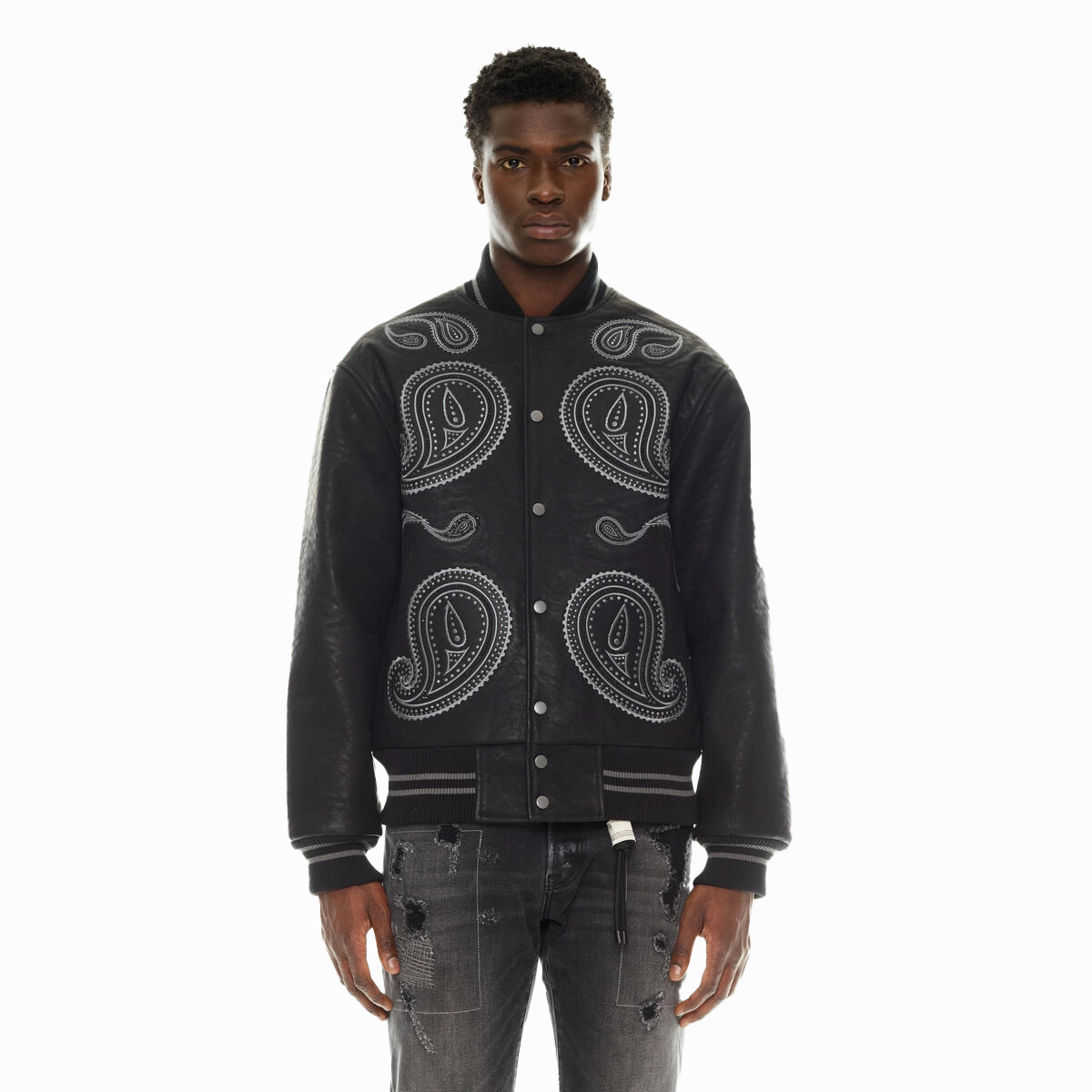 Cult of Individuality Men's Paisley Varsity Jacket Denim Coats