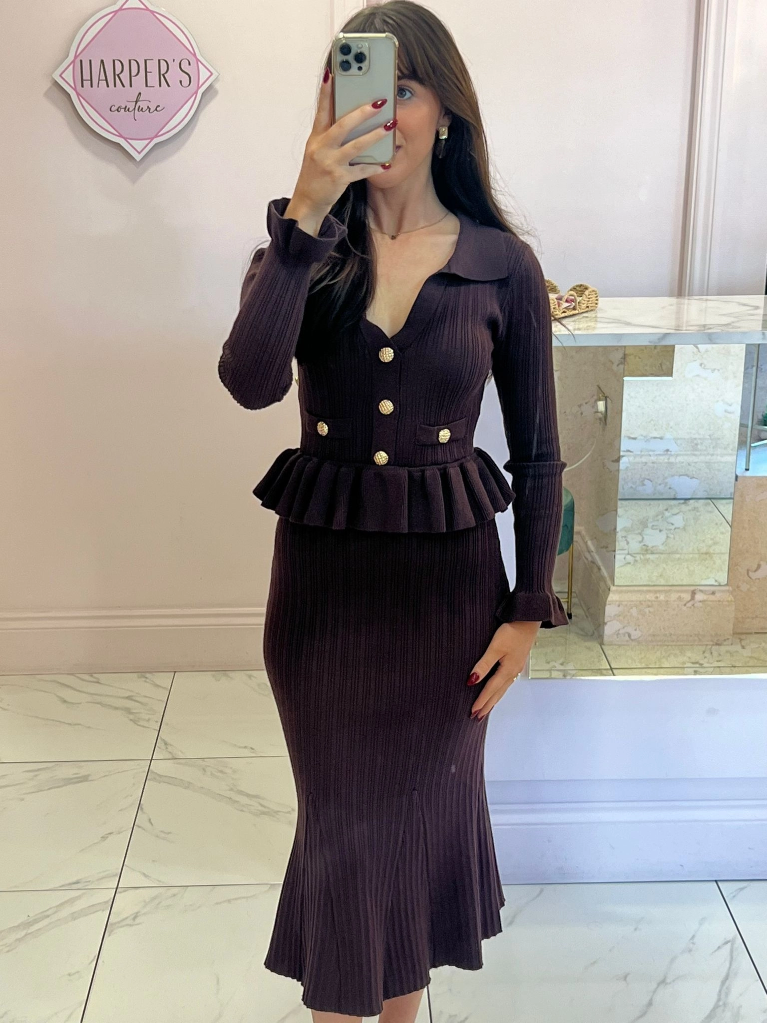 Belinda Chocolate Ribbed Knit Peplum Midi Dress Ruffle Halter Midi Dress