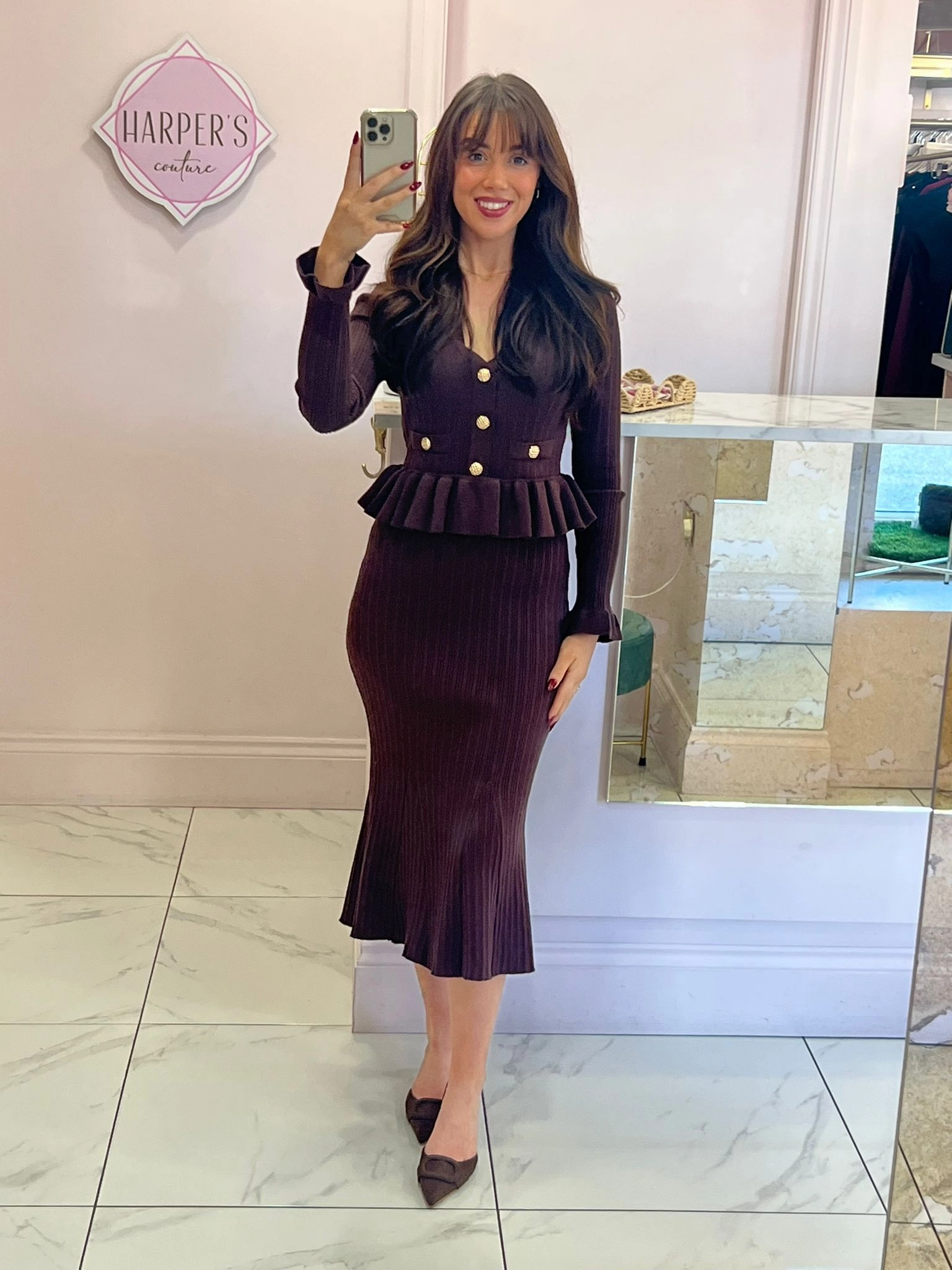 Belinda Chocolate Ribbed Knit Peplum Midi Dress Irisa Midi Dress