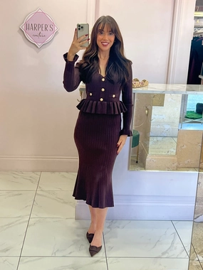 Palma Midi Dress Belinda Chocolate Ribbed Knit Peplum Midi Dress