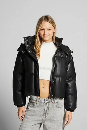 Bershka Women's Faux Leather Hooded Puffer Coat Youth Winter Coats