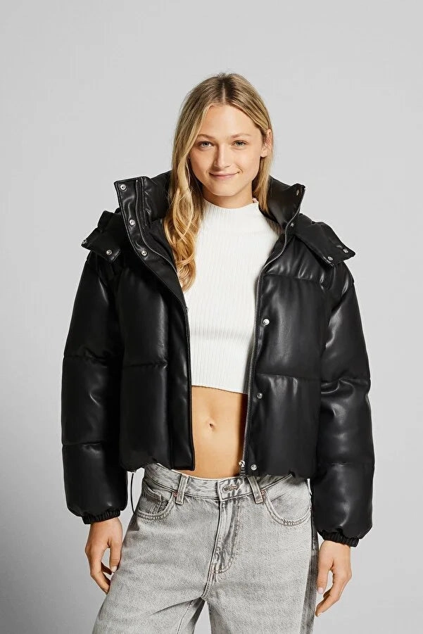 Men Winter Coats And Jackets Bershka Women's Faux Leather Hooded Puffer Coat