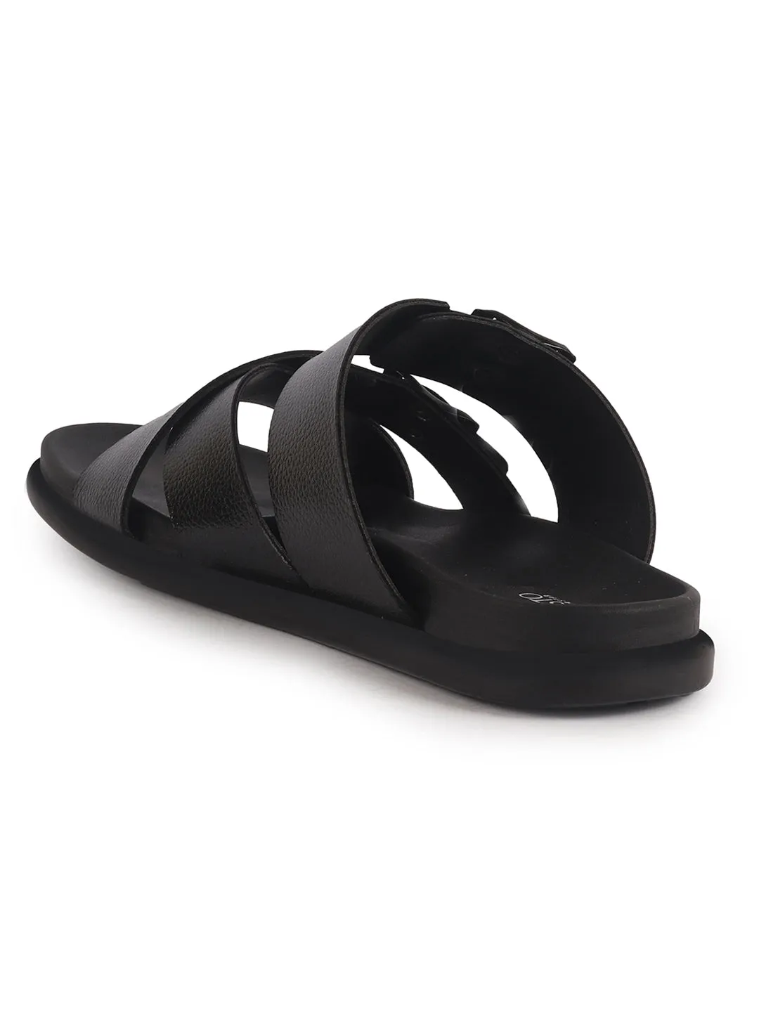 Leather Slide Sandals Men Black Open Toe Multi Adjustable Strap Ethnic Slip On Sandals|Anti-Skid Sole Slippers|Memory Cushion Insole