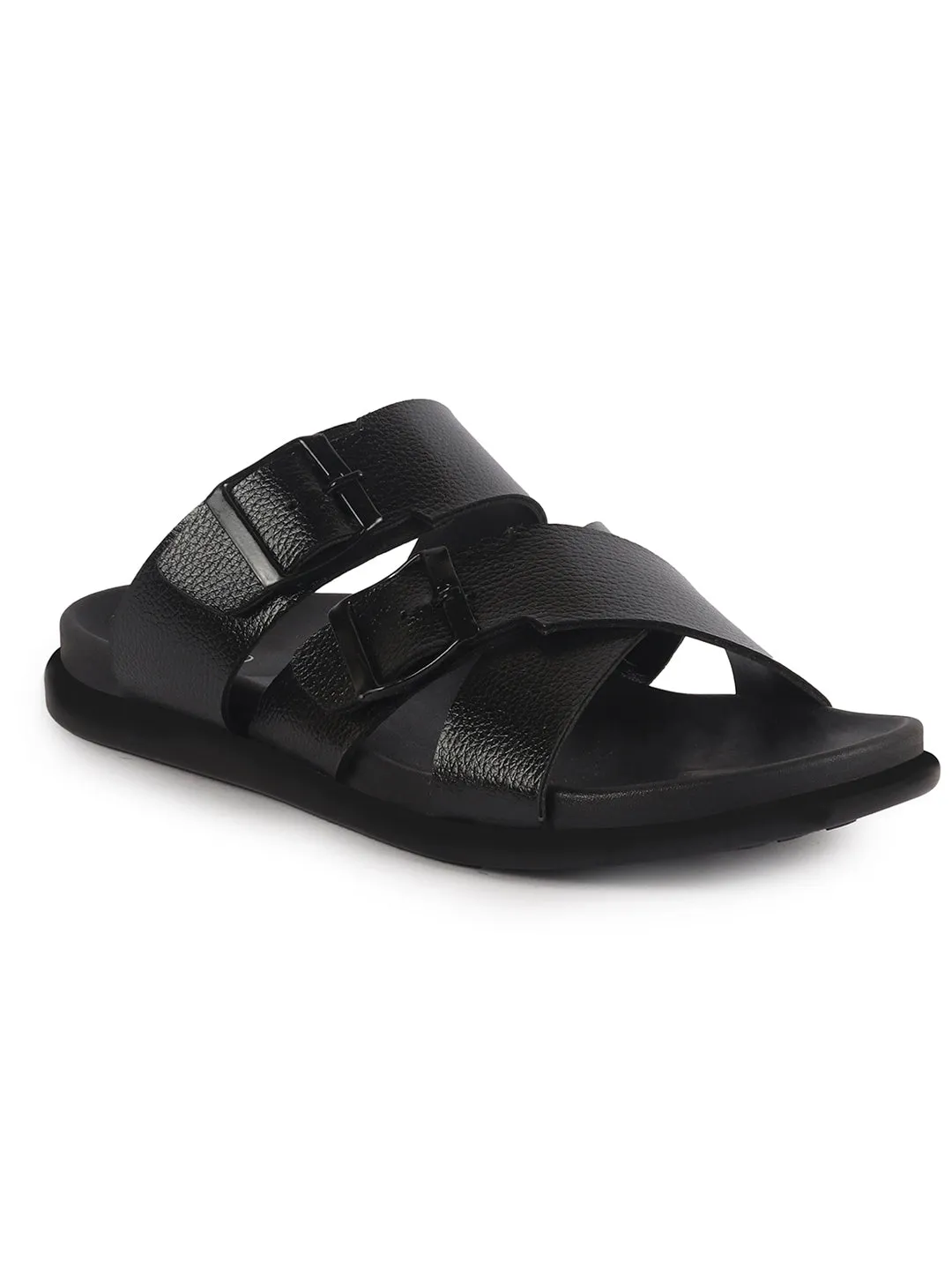 Sandals Bungalow Jamaica Men Black Open Toe Multi Adjustable Strap Ethnic Slip On Sandals|Anti-Skid Sole Slippers|Memory Cushion Insole