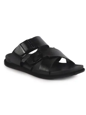 Tao Sandals Men Black Open Toe Multi Adjustable Strap Ethnic Slip On Sandals|Anti-Skid Sole Slippers|Memory Cushion Insole