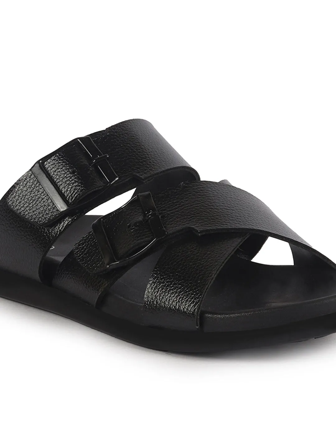Men Black Open Toe Multi Adjustable Strap Ethnic Slip On Sandals|Anti-Skid Sole Slippers|Memory Cushion Insole Cute Cheap Sandals