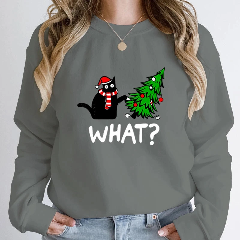 Black Cat Christmas Tree Print Sweatshirt
