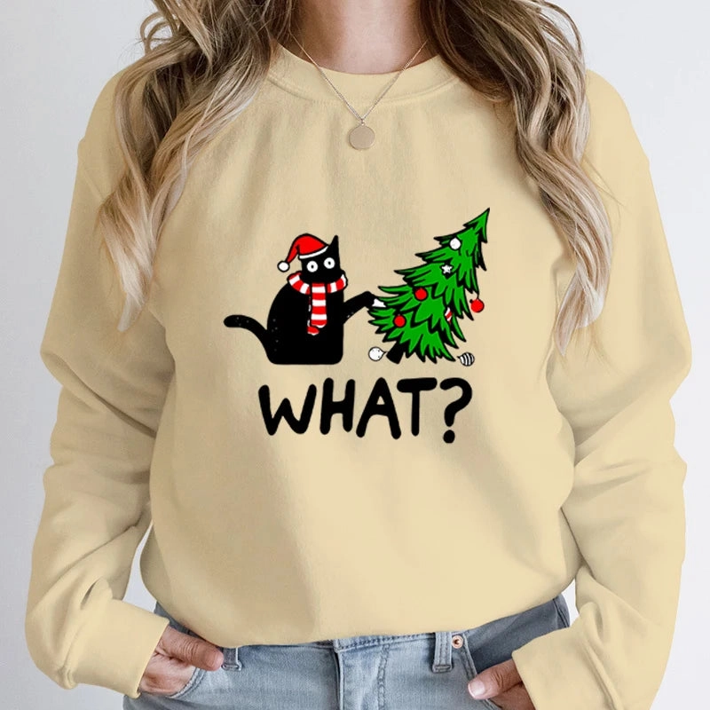 Black Cat Christmas Tree Print Sweatshirt