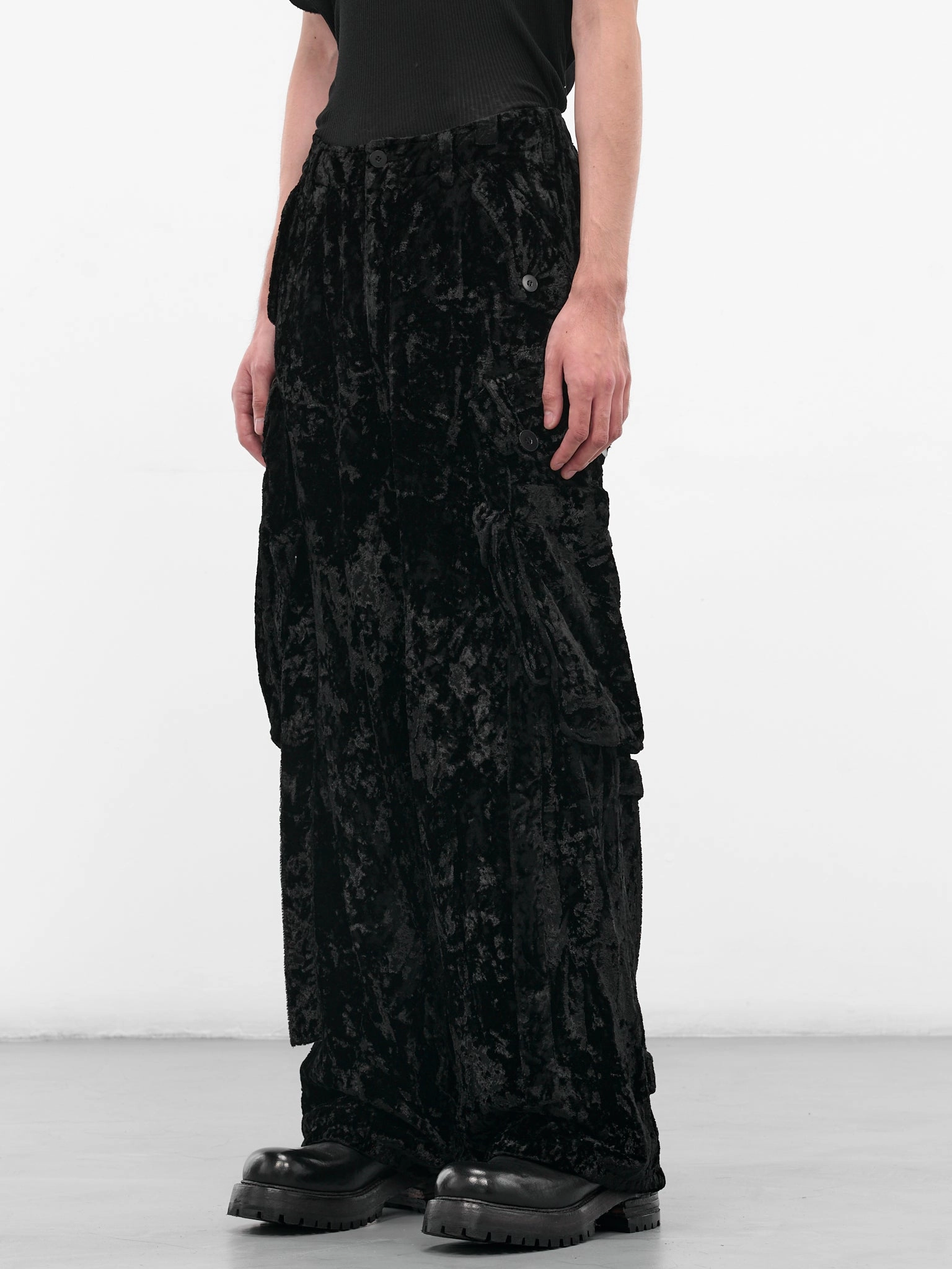 Black Crushed Velvet Cargo Pants (917PAM8-BLACK) Basics Cargo Pants