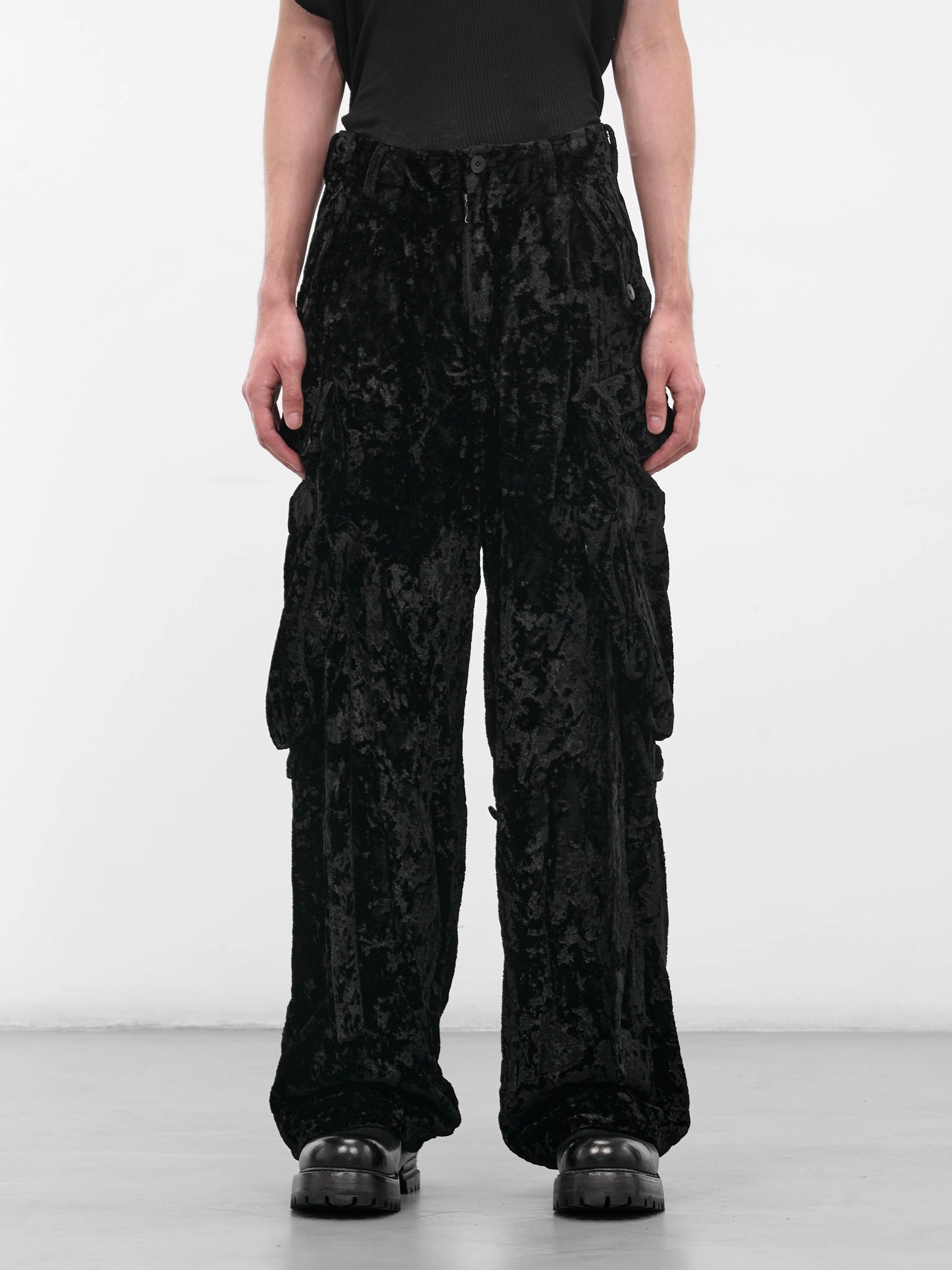 Black Crushed Velvet Cargo Pants (917PAM8-BLACK) Best Cargo Pants In The World