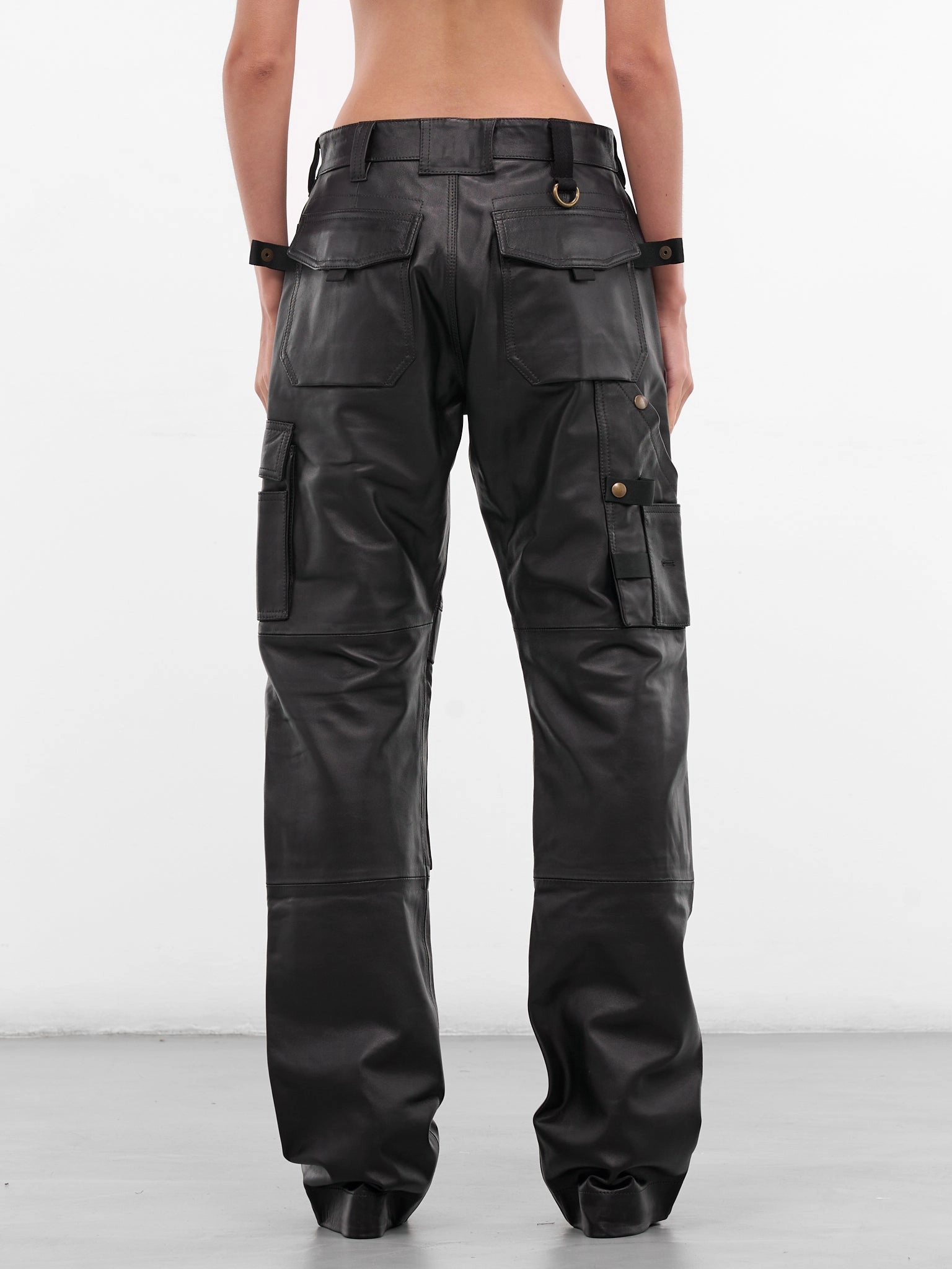 Black Leather Cargo Work Pants (PA02972-0363-BLACK-BROWN) Soft Material Cargo Pants
