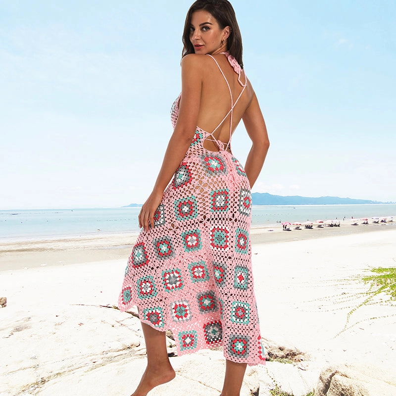 Granny Square Maxi Dress Choose Baby Pink Or Baby Blue Cami Top Double Spaghetti Strings Criss Cross In Back And Tie Halter Style Fit & Flare Available In Sizes XS Small Medium Or Large Lace Strapless Midi Dress