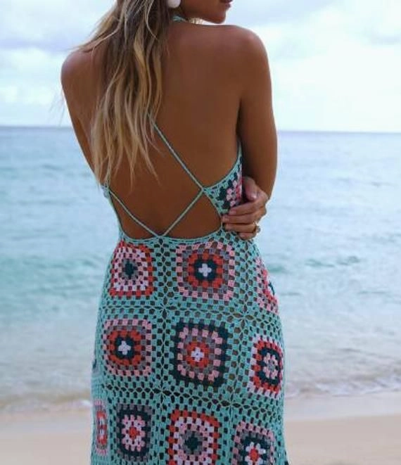 Energy Midi Dress Granny Square Maxi Dress Choose Baby Pink Or Baby Blue Cami Top Double Spaghetti Strings Criss Cross In Back And Tie Halter Style Fit & Flare Available In Sizes XS Small Medium Or Large