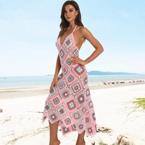 Granny Square Maxi Dress Choose Baby Pink Or Baby Blue Cami Top Double Spaghetti Strings Criss Cross In Back And Tie Halter Style Fit & Flare Available In Sizes XS Small Medium Or Large Ruffle Pleated Midi Dress