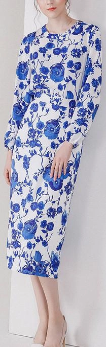 Blue Floral-Printed Blouse & Pencil Skirt Set