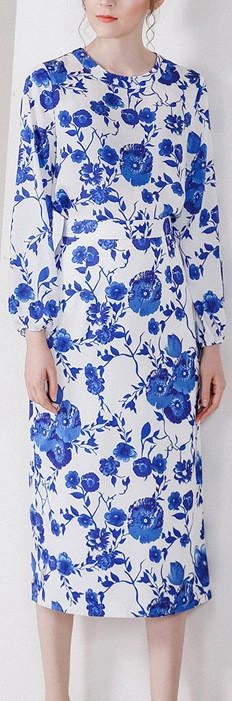 Blue Floral-Printed Blouse & Pencil Skirt Set