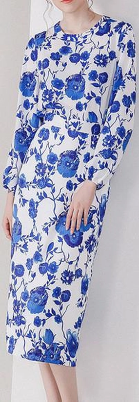 Blue Floral-Printed Blouse & Pencil Skirt Set 