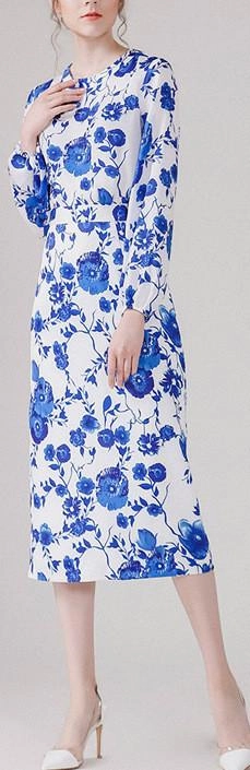 Blue Floral-Printed Blouse & Pencil Skirt Set