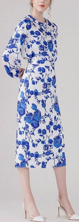 Blue Floral-Printed Blouse & Pencil Skirt Set