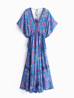 Maxi Dress Casual With Sleeves Bohemian Maxi Dress Lovebird Half Moon Choose Chamomile Rose Pink Or Deep Sky Blue Long Floral Gown Deep V Front & Back Tassel Ties Sizes Small Medium Or Large