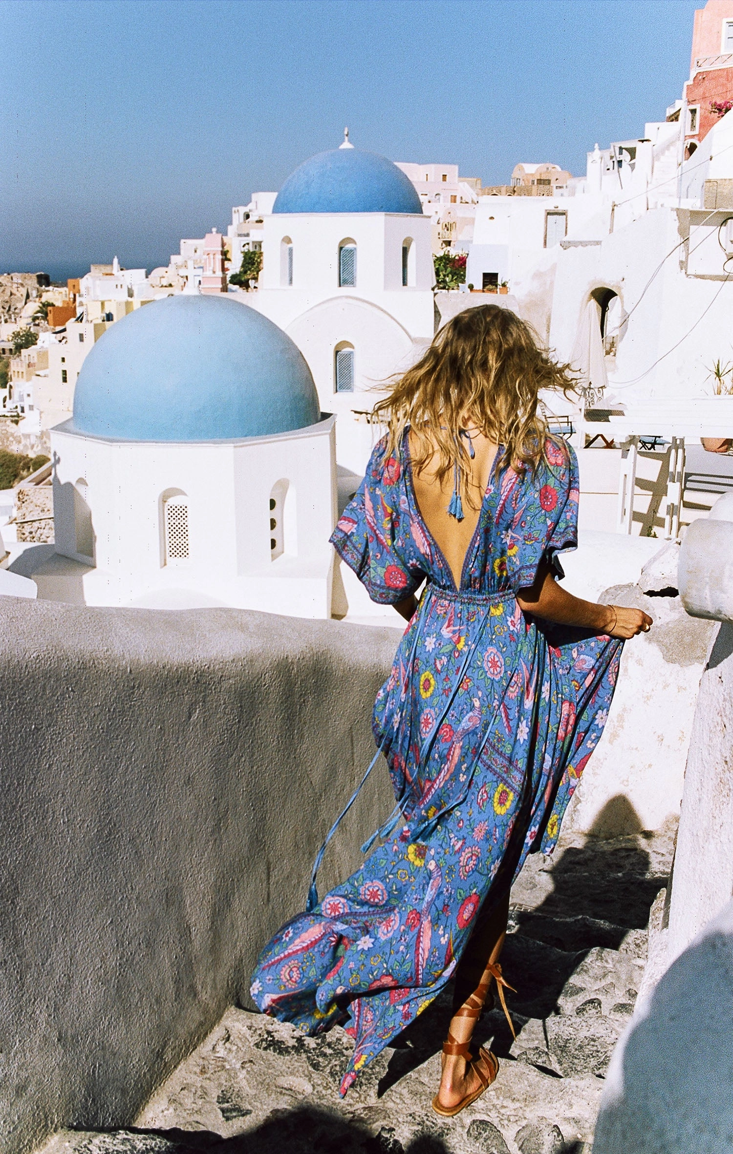 Bohemian Maxi Dress Lovebird Half Moon Choose Chamomile Rose Pink Or Deep Sky Blue Long Floral Gown Deep V Front & Back Tassel Ties Sizes Small Medium Or Large Tiered Strapless Maxi Dress