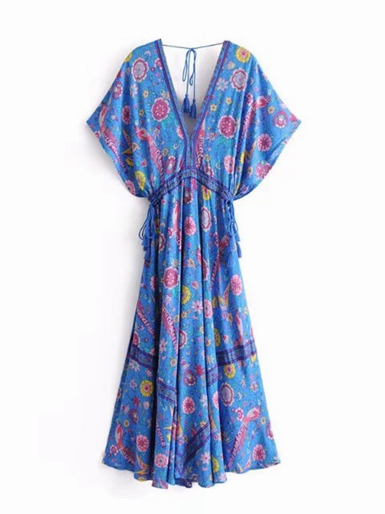 Bohemian Maxi Dress Lovebird Half Moon Choose Chamomile Rose Pink Or Deep Sky Blue Long Floral Gown Deep V Front & Back Tassel Ties Sizes Small Medium Or Large Ivory Halter Maxi Dress