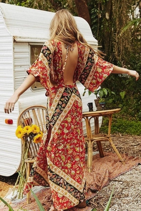 Bohemian Maxi Dress "Lolita" Flutter Kimono Sleeves "Campfire" Rust Color Floral Long Slits Cutout Sides Backless Sizes Small Medium Or Large Carissa Macrame Maxi Dress