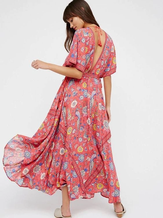 Bohemian Maxi Dress "Lovebird" Half Moon Long Floral Gown Deep V Front & Back Tassel Ties Sizes Small Medium Or Large Floral Print Tulle Maxi Dress