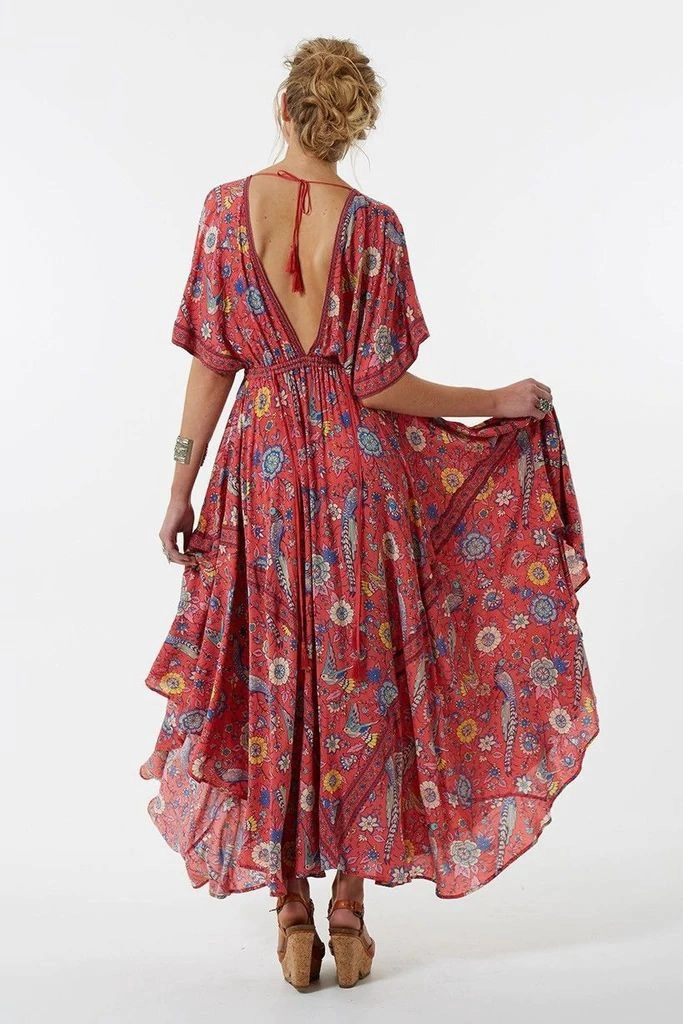 Bohemian Maxi Dress "Lovebird" Half Moon Long Floral Gown Deep V Front & Back Tassel Ties Sizes Small Medium Or Large Tye Dye Maxi Dress