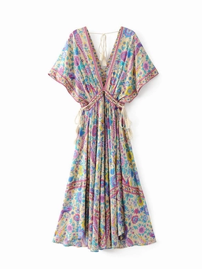 Bohemian Maxi Dress "Lovebird" Half Moon Long Floral Gown Deep V Front & Back Tassel Ties Sizes Small Medium Or Large V Neck Button Down Maxi Dress