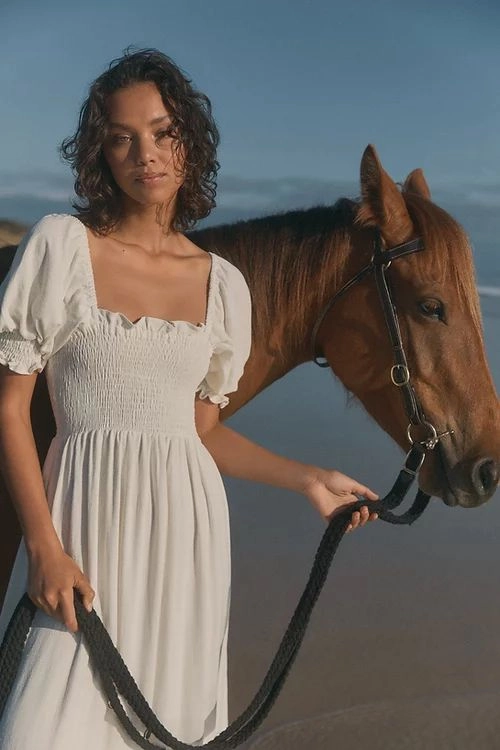 Gathered Mesh Midi Dress Boho Midi Dress White Puff Sleeves Smocked Bust Square Neck Breezy Cotton Casual Beach Cover Up Side Slits Available In Small Medium Or Large